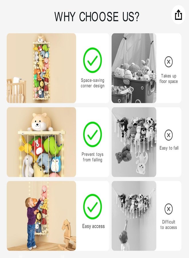 Befayoo Corner Stuffed Animal Storage Organizer(Patented) - Kids Stuffed Animal Holder with Light - Wall Plush Storage for Nursery Playroom Bedroom (Beige) - Image 3