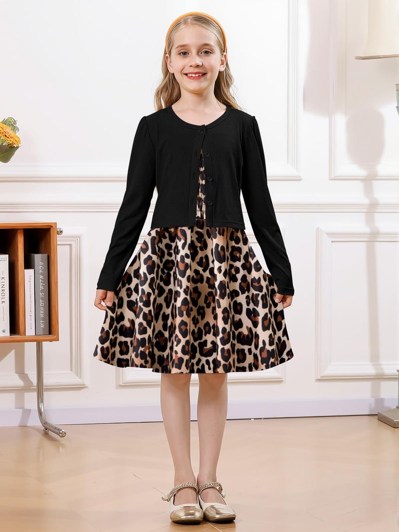 RAISEVERN 10T Dresses for Girls Casual Black Leopard Spots Dress Fall Outfits for Girl Kids Clothes Size 10-12 - Image 2