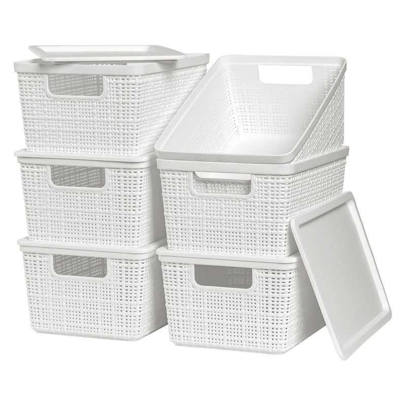 WRRLORS 6 Pack Plastic Storage Baskets With Lids,White Breathable Stackable Storage Bins,Small Storage Containers,for Organizing Storage Baskets on Desktops,Closets,Playrooms,Classrooms,Offices - Image 1