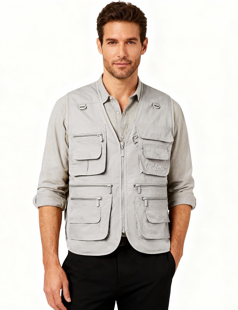 Flygo Men's Fishing Vest Utility Lightweight Outdoor Travel Safari Photo Cargo Vest with 16 Pockets Style 01 Beige L - Image 2