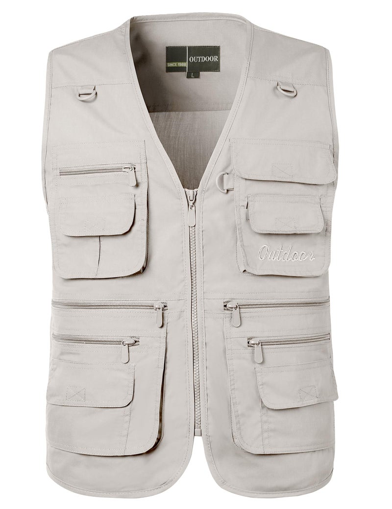 Flygo Men's Fishing Vest Utility Lightweight Outdoor Travel Safari Photo Cargo Vest with 16 Pockets Style 01 Beige L - Image 1