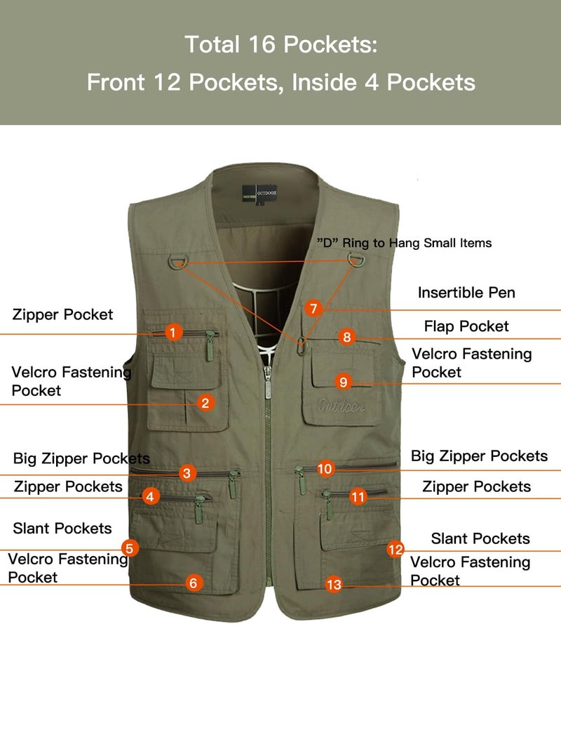 Flygo Men's Fishing Vest Utility Lightweight Outdoor Travel Safari Photo Cargo Vest with 16 Pockets Style 01 Beige L - Image 4
