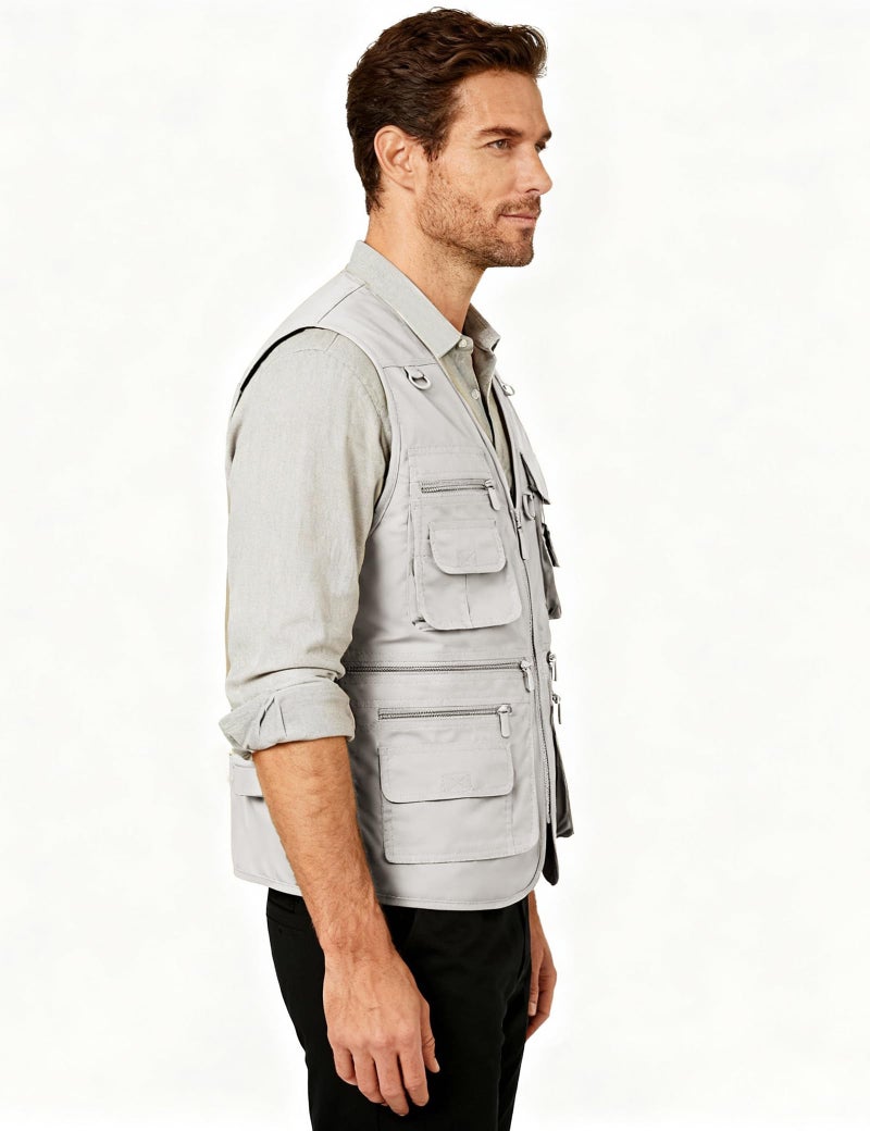 Flygo Men's Fishing Vest Utility Lightweight Outdoor Travel Safari Photo Cargo Vest with 16 Pockets Style 01 Beige L - Image 3