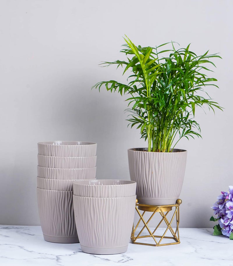 Nurturing Green® Combo of 8 Self Watering Flower Pots for Living Room & Home Decor | Plastic Plant Pots for Indoor, Balcony & Garden (Color: Mocha, Size: 14cm x 12.5cm Each) - Image 1