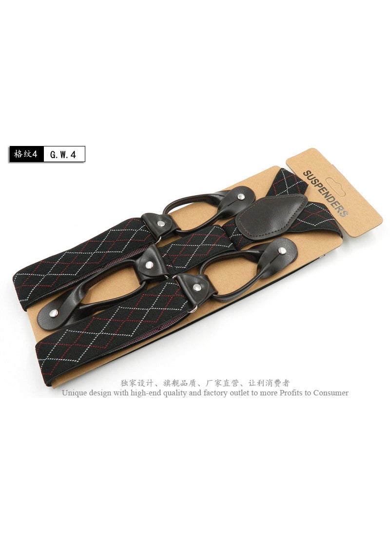 Generic British Style Button Suspenders 3.5cm Wide Plaid 4 black, red and white lines +120cm 
