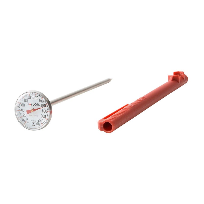 Taylor Instant Read Analog Meat Food Grill BBQ Cooking Kitchen Thermometer with Red Pocket Sleeve for Calibration 1 inch dial Stainless Steel