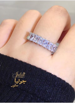 Julia Store Love Friendship Eternity Diamond Like Ring Wedding Band for Women, White Gold Plated Stainless Steel Emerald-Cut Baguette Cubic Zirconia Created-Gemstone Eternal Love Ring  - Image 2