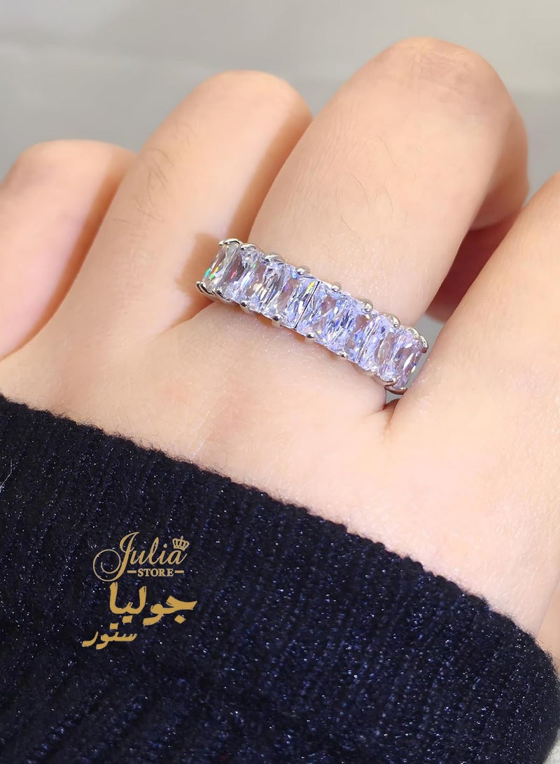 Julia Store Love Friendship Eternity Diamond Like Ring Wedding Band for Women, White Gold Plated Stainless Steel Emerald-Cut Baguette Cubic Zirconia Created-Gemstone Eternal Love Ring - Image 2