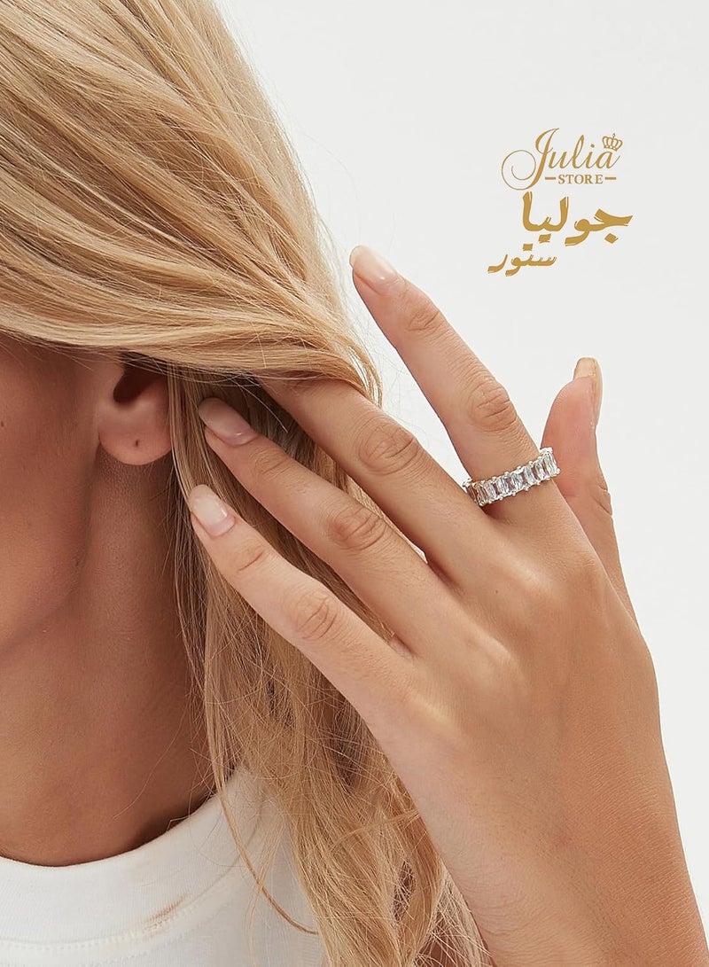 Julia Store Love Friendship Eternity Diamond Like Ring Wedding Band for Women, White Gold Plated Stainless Steel Emerald-Cut Baguette Cubic Zirconia Created-Gemstone Eternal Love Ring - Image 3