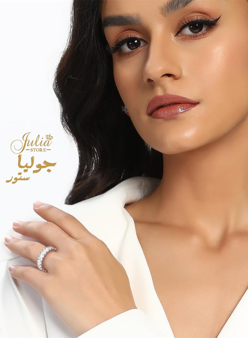 Julia Store Love Friendship Eternity Diamond Like Ring Wedding Band for Women, White Gold Plated Stainless Steel Emerald-Cut Baguette Cubic Zirconia Created-Gemstone Eternal Love Ring - Image 4