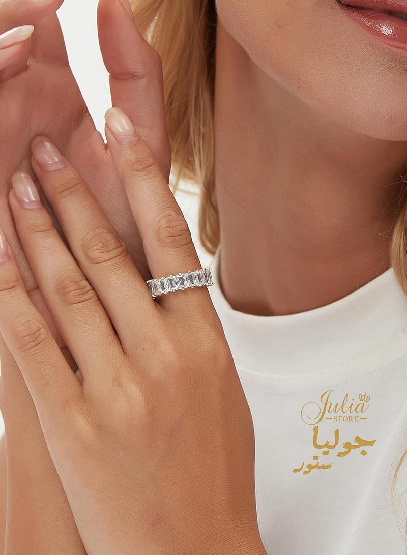 Julia Store Love Friendship Eternity Diamond Like Ring Wedding Band for Women, White Gold Plated Stainless Steel Emerald-Cut Baguette Cubic Zirconia Created-Gemstone Eternal Love Ring - Image 5