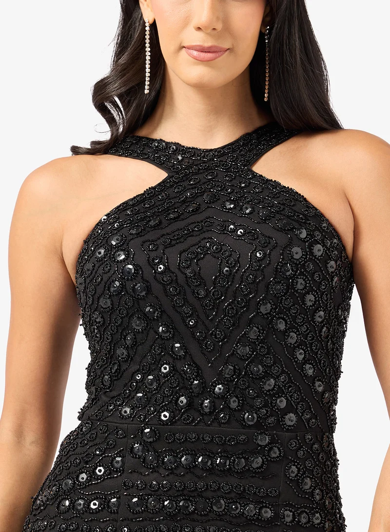 Namshi x  Halter Neck Beaded Embellished A Line Dress for Women | Best Price UAE