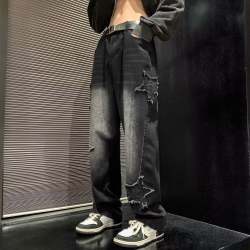Generic Hong Kong-style Five-pointed Star Jeans Mens Trendy Brand Loose Straight Wide Leg Casual Korean Denim Pants Factory Outlet black gray - Image 1