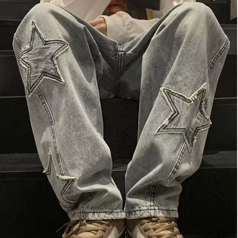 Generic Hong Kong-style Five-pointed Star Jeans Mens Trendy Brand Loose Straight Wide Leg Casual Korean Denim Pants Factory Outlet black gray - Image 5