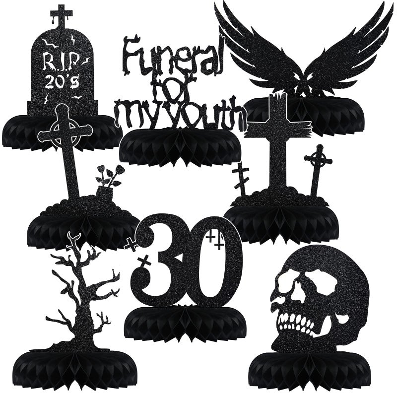 Fumete 8 Pack Death to My 20s Decorations Rip 20s Birthday Decorations Gothic 30th Birthday Honeycomb Centerpieces Goth Table Decor Glitter Funeral for My YouthBlack