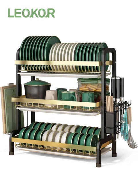 3-Tier Dish Drying Rack with Knife Cutting Board Holder, Rust-Proof Dish Drainer with Drip Tray, Large Kitchen Dish Strainers Dish Dryer Rack for Counter, Gold