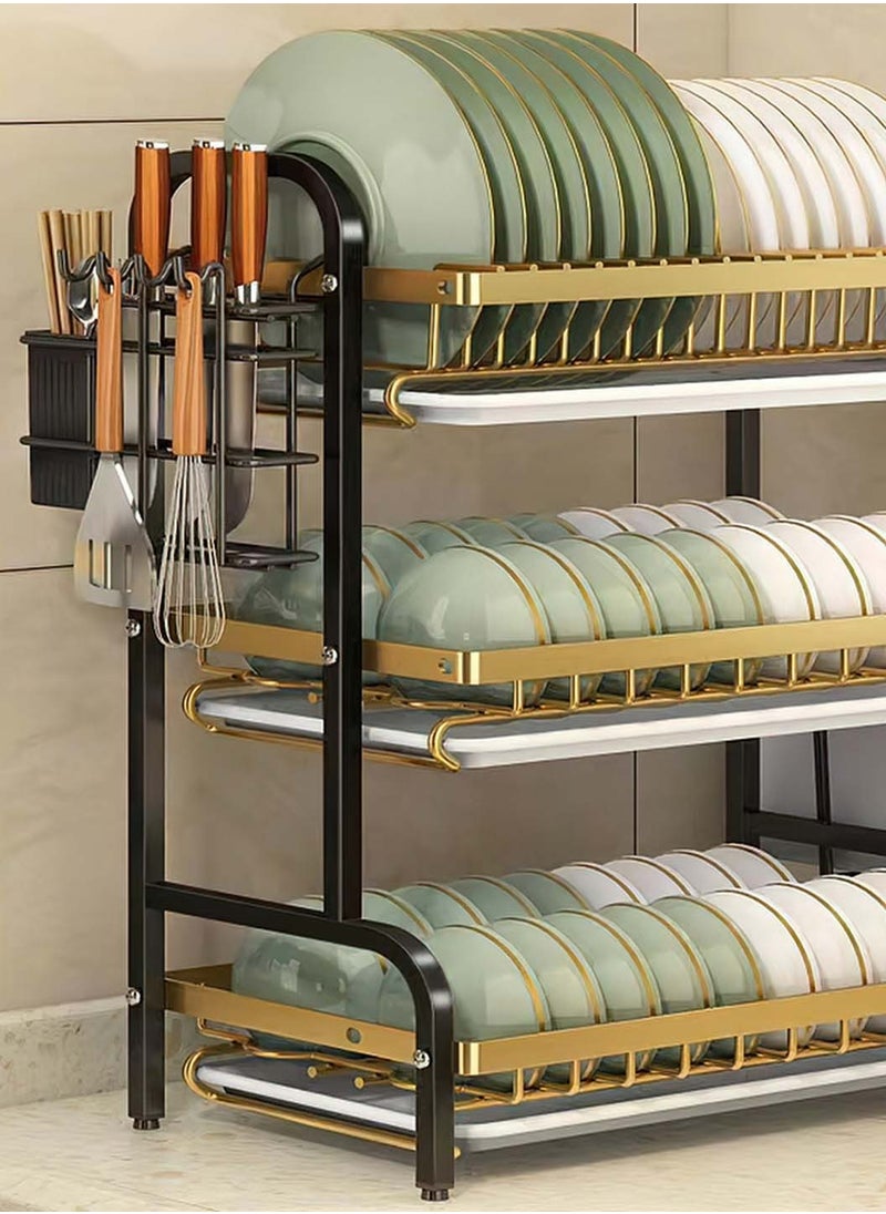 3-Tier Dish Drying Rack with Knife Cutting Board Holder, Rust-Proof Dish Drainer with Drip Tray, Large Kitchen Dish Strainers Dish Dryer Rack for Counter, Gold