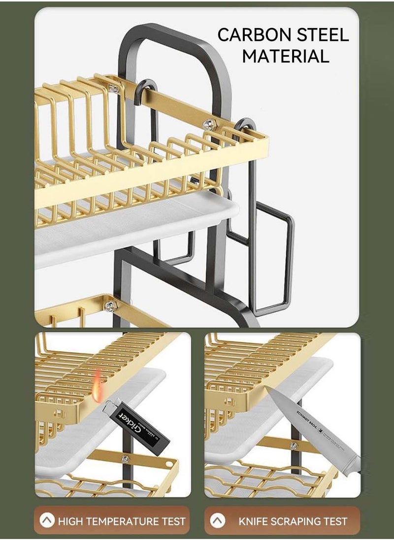 3-Tier Dish Drying Rack with Knife Cutting Board Holder, Rust-Proof Dish Drainer with Drip Tray, Large Kitchen Dish Strainers Dish Dryer Rack for Counter, Gold