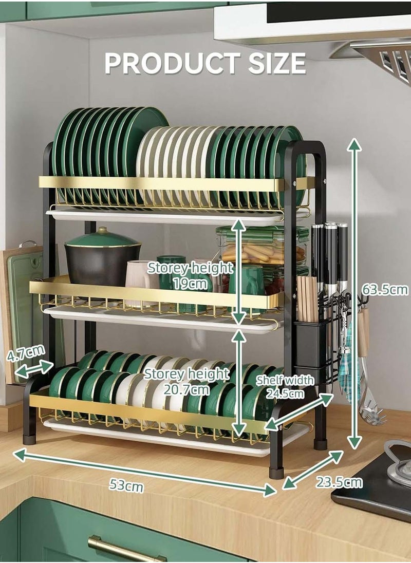 3-Tier Dish Drying Rack with Knife Cutting Board Holder, Rust-Proof Dish Drainer with Drip Tray, Large Kitchen Dish Strainers Dish Dryer Rack for Counter, Gold