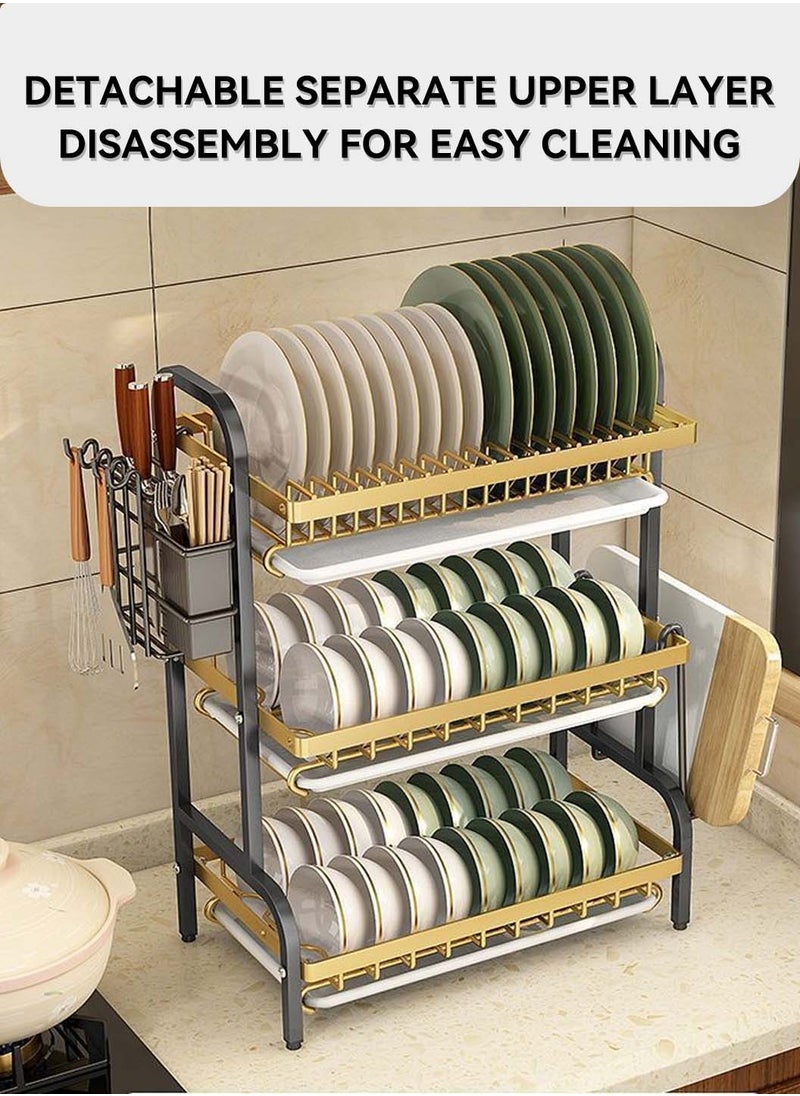 3-Tier Dish Drying Rack with Knife Cutting Board Holder, Rust-Proof Dish Drainer with Drip Tray, Large Kitchen Dish Strainers Dish Dryer Rack for Counter, Gold