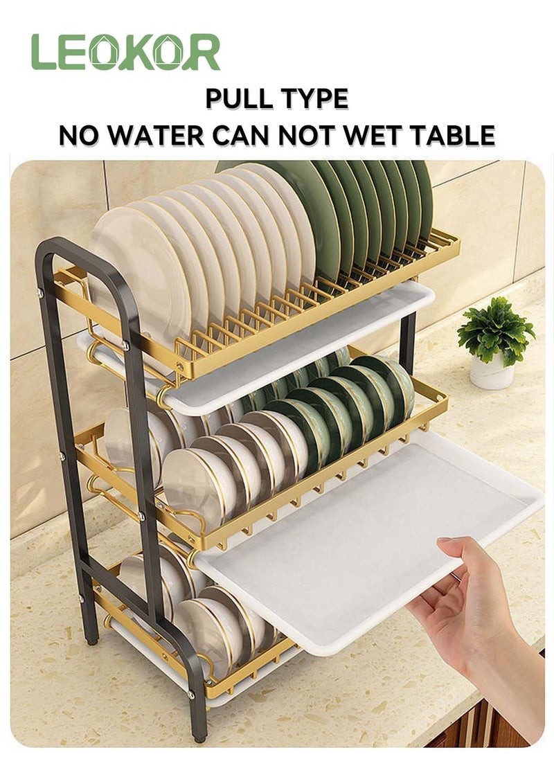 3-Tier Dish Drying Rack with Knife Cutting Board Holder, Rust-Proof Dish Drainer with Drip Tray, Large Kitchen Dish Strainers Dish Dryer Rack for Counter, Gold