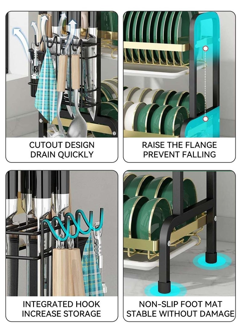 3-Tier Dish Drying Rack with Knife Cutting Board Holder, Rust-Proof Dish Drainer with Drip Tray, Large Kitchen Dish Strainers Dish Dryer Rack for Counter, Gold