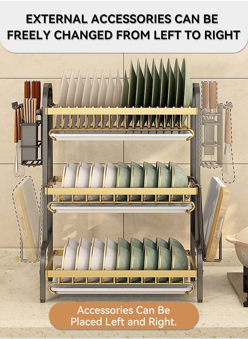 3-Tier Dish Drying Rack with Knife Cutting Board Holder, Rust-Proof Dish Drainer with Drip Tray, Large Kitchen Dish Strainers Dish Dryer Rack for Counter, Gold