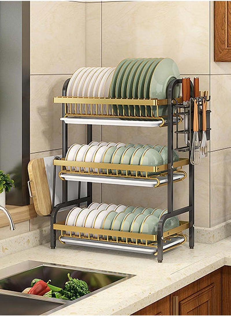 3-Tier Dish Drying Rack with Knife Cutting Board Holder, Rust-Proof Dish Drainer with Drip Tray, Large Kitchen Dish Strainers Dish Dryer Rack for Counter, Gold