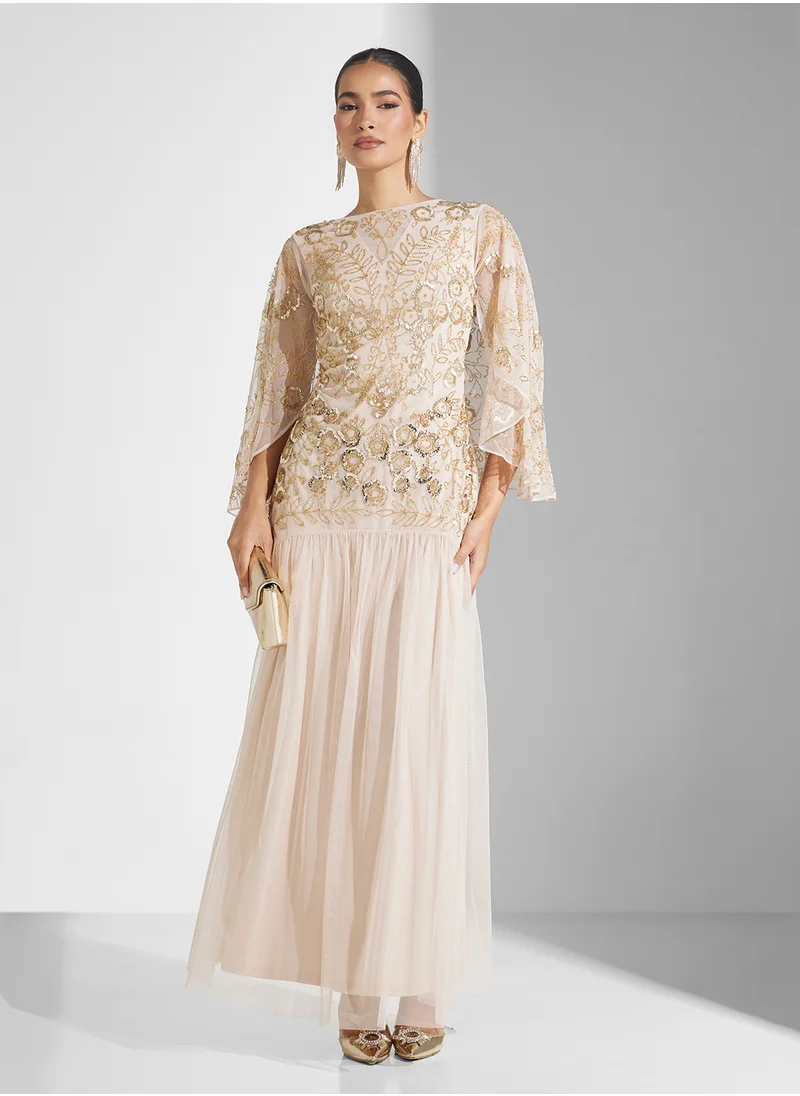 فروك اند فرل Floral Embellished Mesh Detail Dress