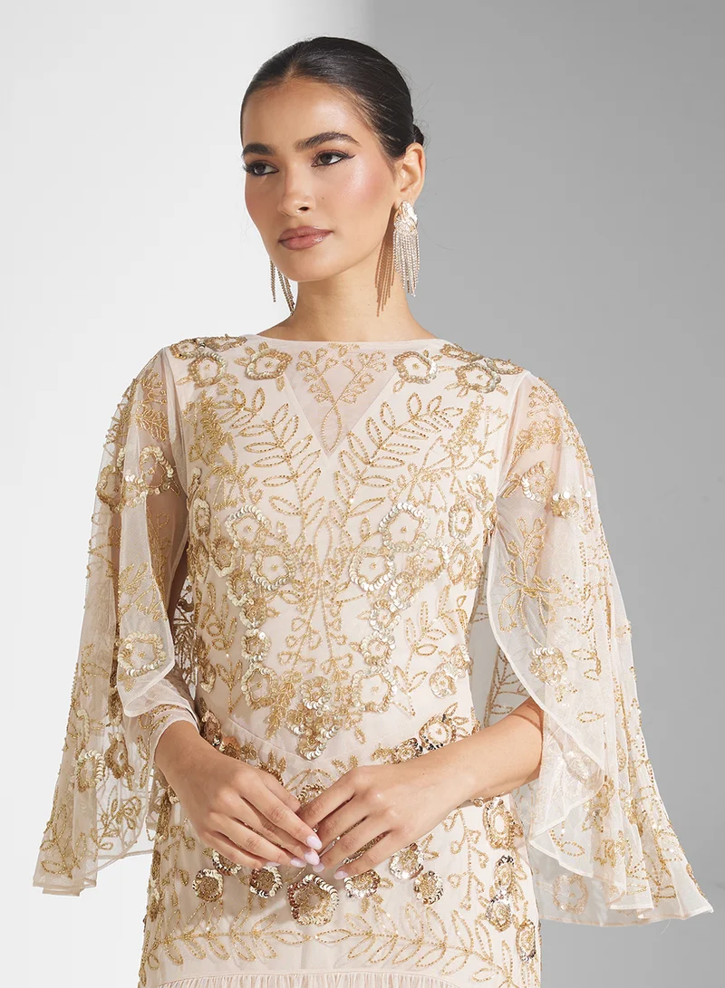 Frock and Frill Floral Embellished Mesh Detail Dress