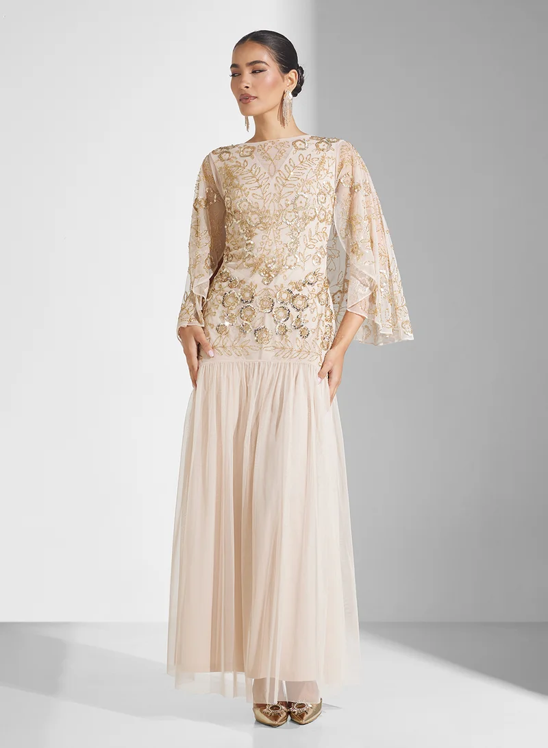 Frock and Frill Floral Embellished Mesh Detail Dress