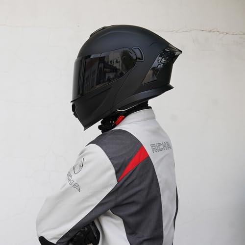 MXJ Gear Motorcycle Helmet,Motorcycle Dual Visor Flip up Modular Full Face Helmet JR-815,DOT Approved Motorbike Helmet with Black Visor for Adults Men Women(M,Matte Black ) - Image 2