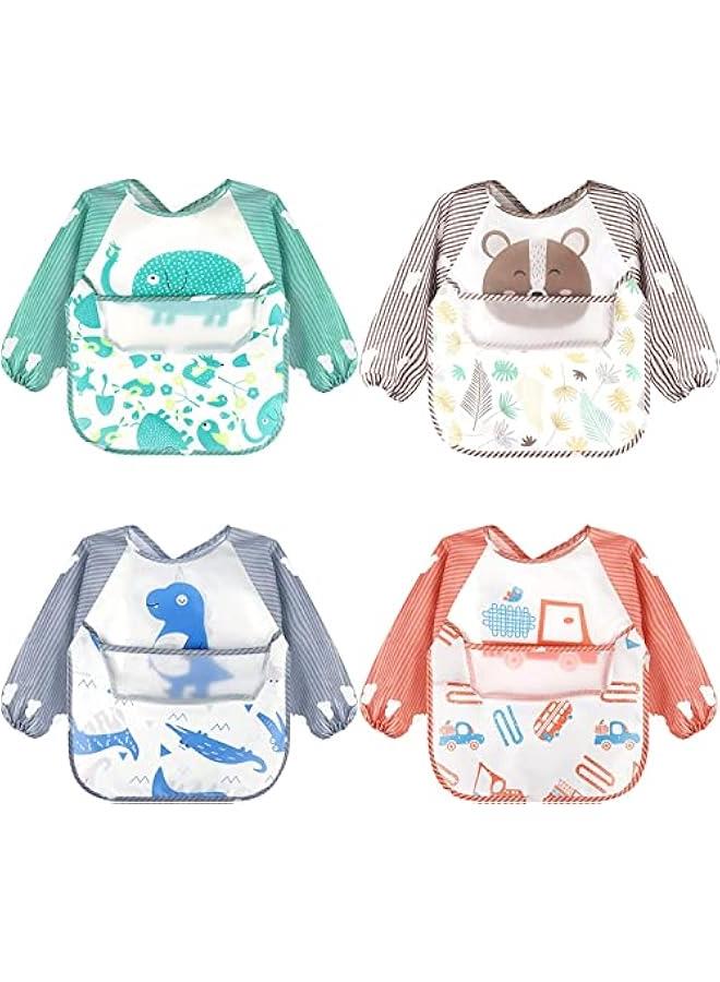 MOXO Waterproof Long Sleeve Baby Bibs with Pocket Toddler Smocks for Uni Feeding Ideal for Infant Weaning 6 Months to 4 Years Set of 4 - Image 1