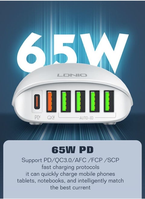 65W Charger 6 USB Ports Desktop Charging Station Multi function Chargers PD QC3.0 Super fast charger with 1.5m power cord White