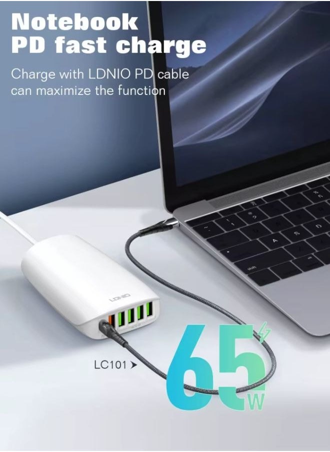 LDNIO 65W 6-Port USB Charging Station – Desktop Fast Charger Hub with USB-C PD 65W + USB-A QC3.0 + 4 Smart Auto-ID Ports, Multi-Device Fast Charging for Laptop, iPhone, Samsung, iPad, Tablets and More – 1.5M Power Cord, Overload Protection  - Image 1