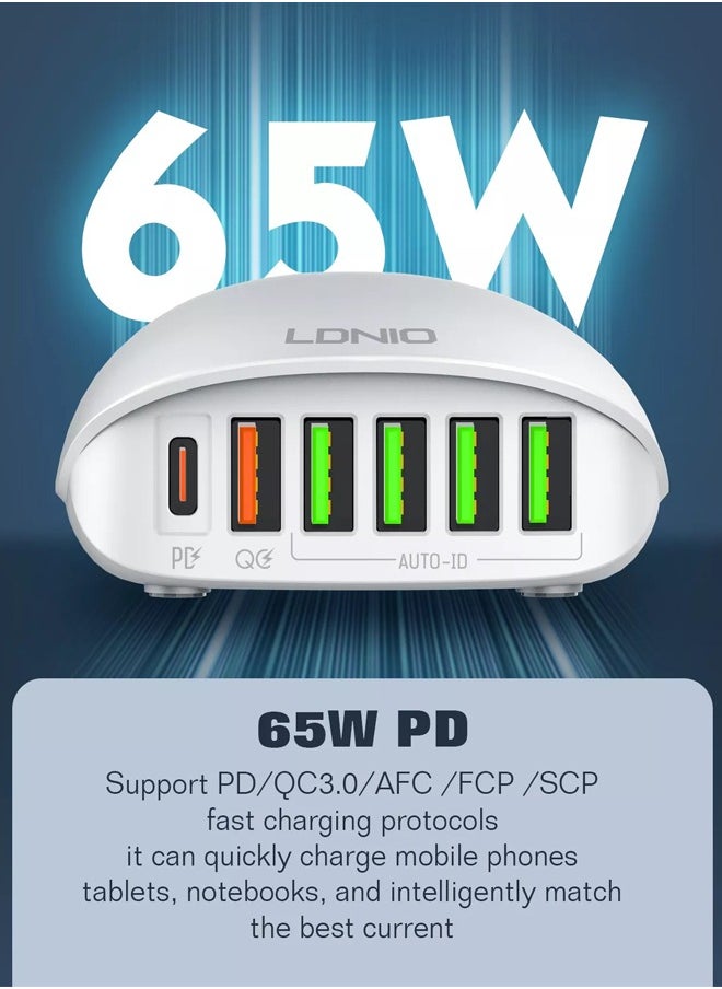 65W Charger 6 USB Ports Desktop Charging Station Multi function Chargers PD QC3.0 Super fast charger with 1.5m power cord White - pzsku/Z320728C9C642F82565FEZ/45/_/1722517371/53cd4bff-c12e-45a1-a850-6120e4ff539e
