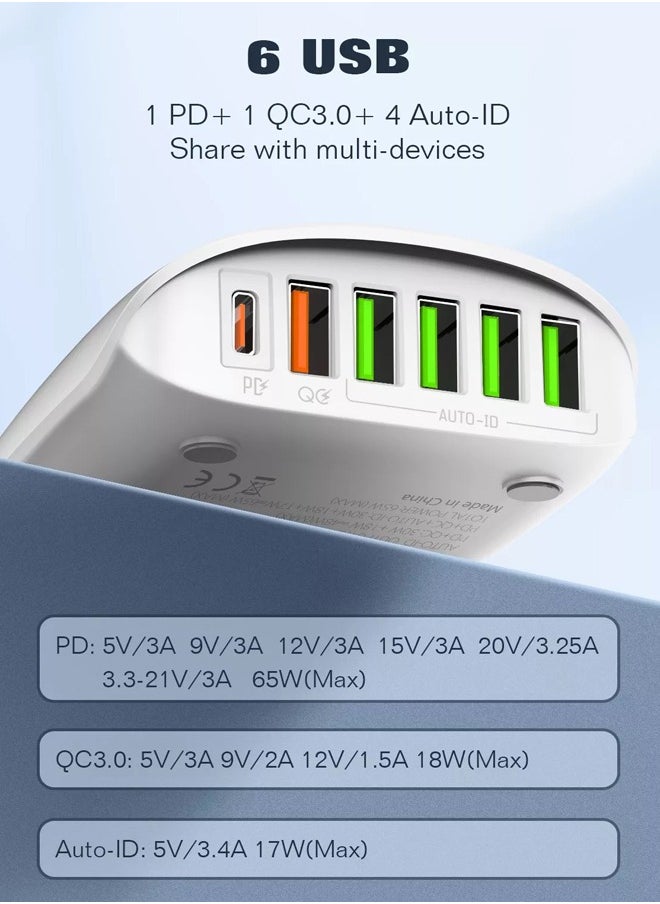 65W Charger 6 USB Ports Desktop Charging Station Multi function Chargers PD QC3.0 Super fast charger with 1.5m power cord White - pzsku/Z320728C9C642F82565FEZ/45/_/1738578194/1ed0d8f5-0f15-4d84-ad66-09ded96e125a