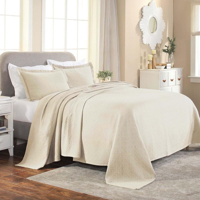 Superior Superior 100 Cotton Basket Weave Bedspread with Shams AllSeason Premium Cotton Matelasse Jacquard Bedding QuiltedLook Geometric Basket King Ivory 