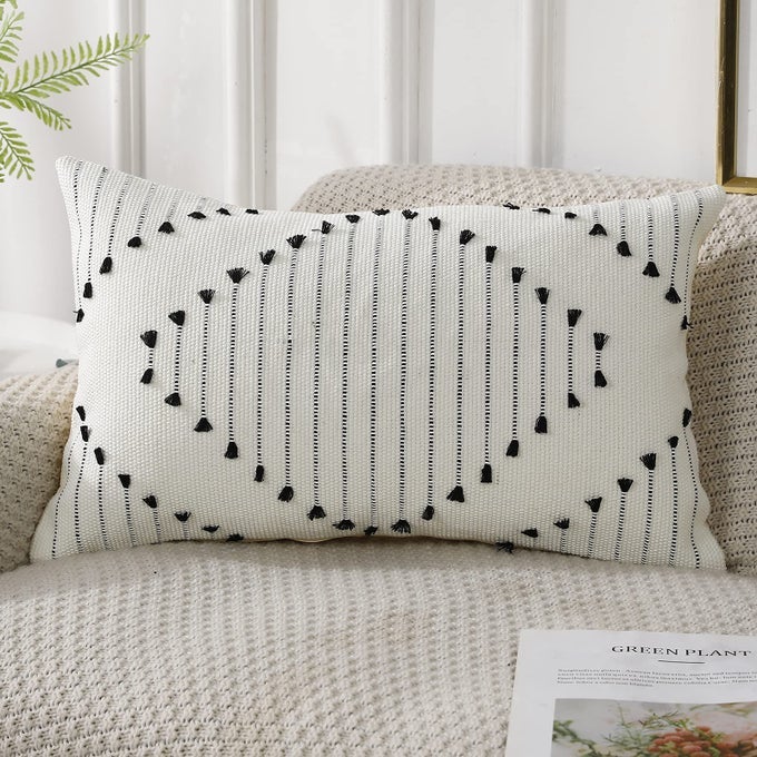 Knitted Boho Tufted Throw Pillow Covers with Tassel 12x20 inch Decorative Indoor Outdoor Bohemian Lumbar Cushion case Pillowcase for Couch Sofa Livingroom car Farmhouse Black and Cream White