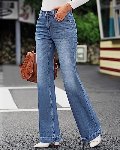 GRAPENT Womens Jeans Size 12 Womens Plus Size Jeans for Women Stretch High Waisted Flare Ripped Stretchy 70s Outfits for Women Wide Leg Pants 14 Bay Blue - Image 2