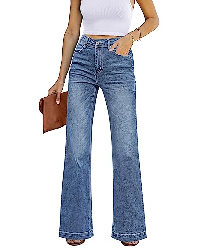 GRAPENT Womens Jeans Size 12 Womens Plus Size Jeans for Women Stretch High Waisted Flare Ripped Stretchy 70s Outfits for Women Wide Leg Pants 14 Bay Blue - Image 1
