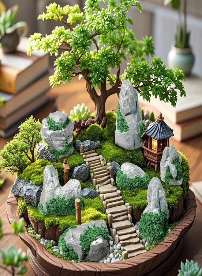 وورم تري مجموعة صخور ديوراما وورمتري، 10 قطع، تماثيل حجرية مصغرة مزيفة، مناسبة لمستلزمات الديوراما، ومناظر القطارات المصغرة، وطاولات رمل السكك الحديدية، وإكسسوارات الحدائق اليابانية (أخضر) - Image 3