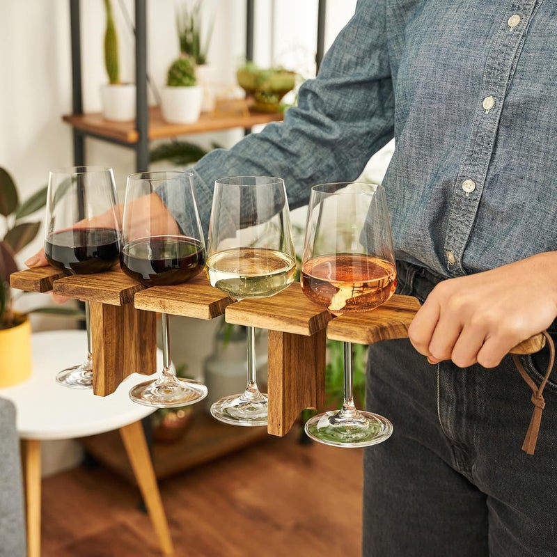 Twine Easy Wine Flight Server, Wine Tasting Carrier Board, Holds 4 Stemmed Wine Glasses, Acacia Wood Serving Tray, Set of 1 - Image 4