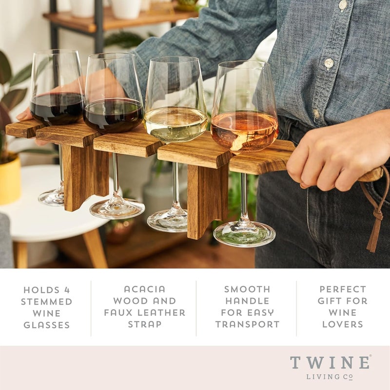 Twine Easy Wine Flight Server, Wine Tasting Carrier Board, Holds 4 Stemmed Wine Glasses, Acacia Wood Serving Tray, Set of 1 - Image 2