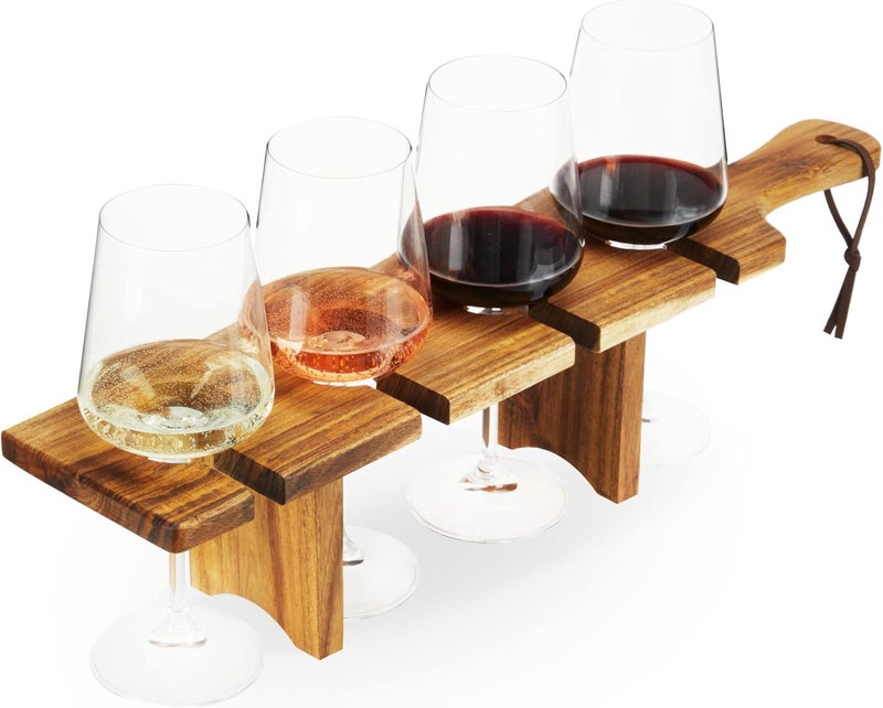 Twine Easy Wine Flight Server, Wine Tasting Carrier Board, Holds 4 Stemmed Wine Glasses, Acacia Wood Serving Tray, Set of 1 - Image 5