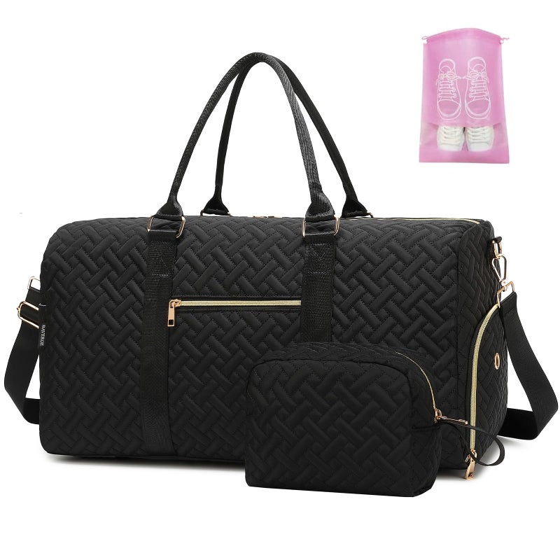 BAVERGE Travel Duffle Bag for Women, Weekender Bag with Shoe Compartment, Weekend Overnight Bag with Toiletry Bag, Hospital Bags for Labor and Delivery, Carry On Gym Bag with Wet Pocket, Black - Image 1