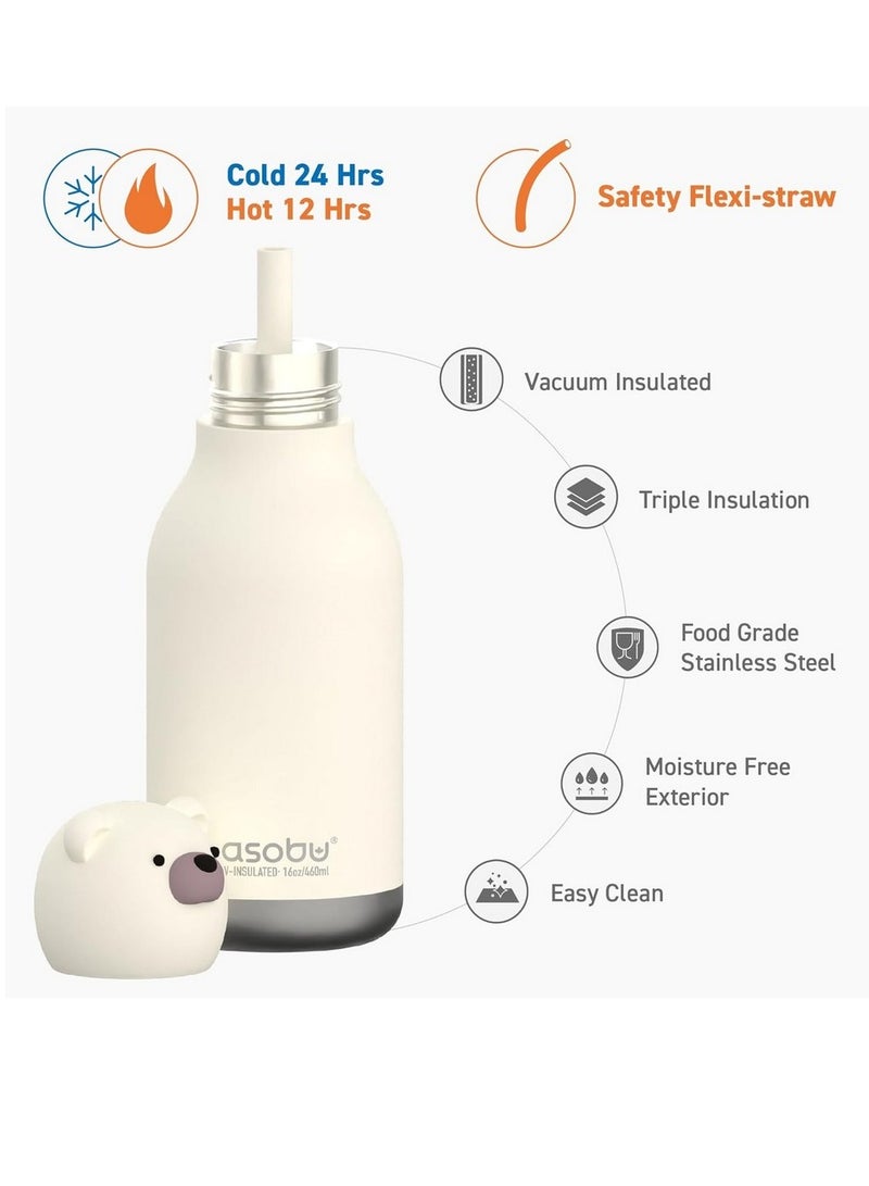 asobu زجاجة أسوبو بير بيستي 16 أونصة – زجاجة مياه للأطفال من الفولاذ المقاوم للصدأ، تصميم دب لطيف، مانعة للتسرب، سهلة الحمل، مثالية للمدرسة والسفر والاستخدام اليومي - Image 2