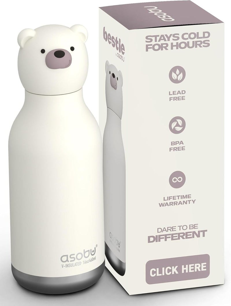 Asobu Bear Bestie Bottle 16oz Kids Insulated Water Bottle with Straw, Vacuum Stainless Steel, Leakproof BPA-Free, Cute Bear Design, Cold 24h Hot 12h, School Travel Bottle - Image 1