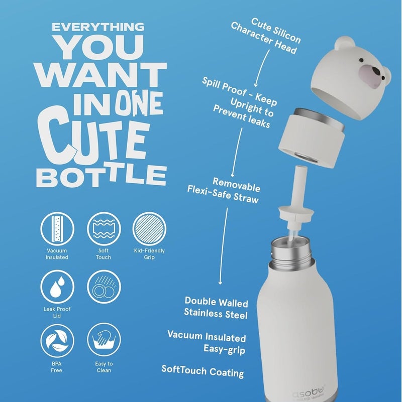 Asobu Bear Bestie Bottle 16oz Kids Insulated Water Bottle with Straw, Vacuum Stainless Steel, Leakproof BPA-Free, Cute Bear Design, Cold 24h Hot 12h, School Travel Bottle - Image 3