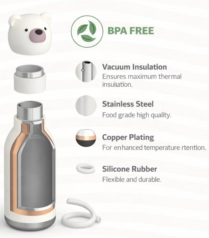 Asobu Bear Bestie Bottle 16oz Kids Insulated Water Bottle with Straw, Vacuum Stainless Steel, Leakproof BPA-Free, Cute Bear Design, Cold 24h Hot 12h, School Travel Bottle - Image 4